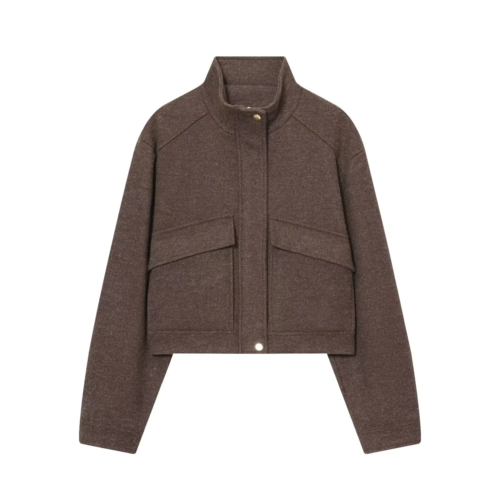 

New Spring/Fall Women's Stand Collar Long Sleeve Pocket-Detailed Solid-Color Slim-Fit Short Jacket Zip-Up Wool Blend Short Coat