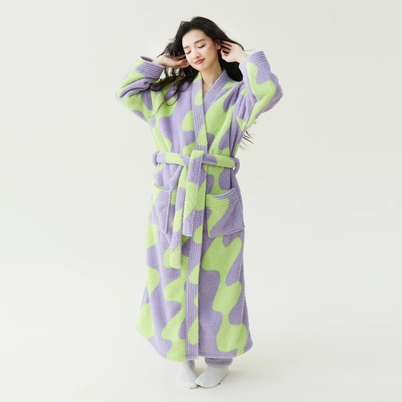 

Female Winter Thicken Warm Flannel Long Robe Kimono Bathrobe Gown Flower Print Sleepwear Homewear Coral Fleece Loungewear