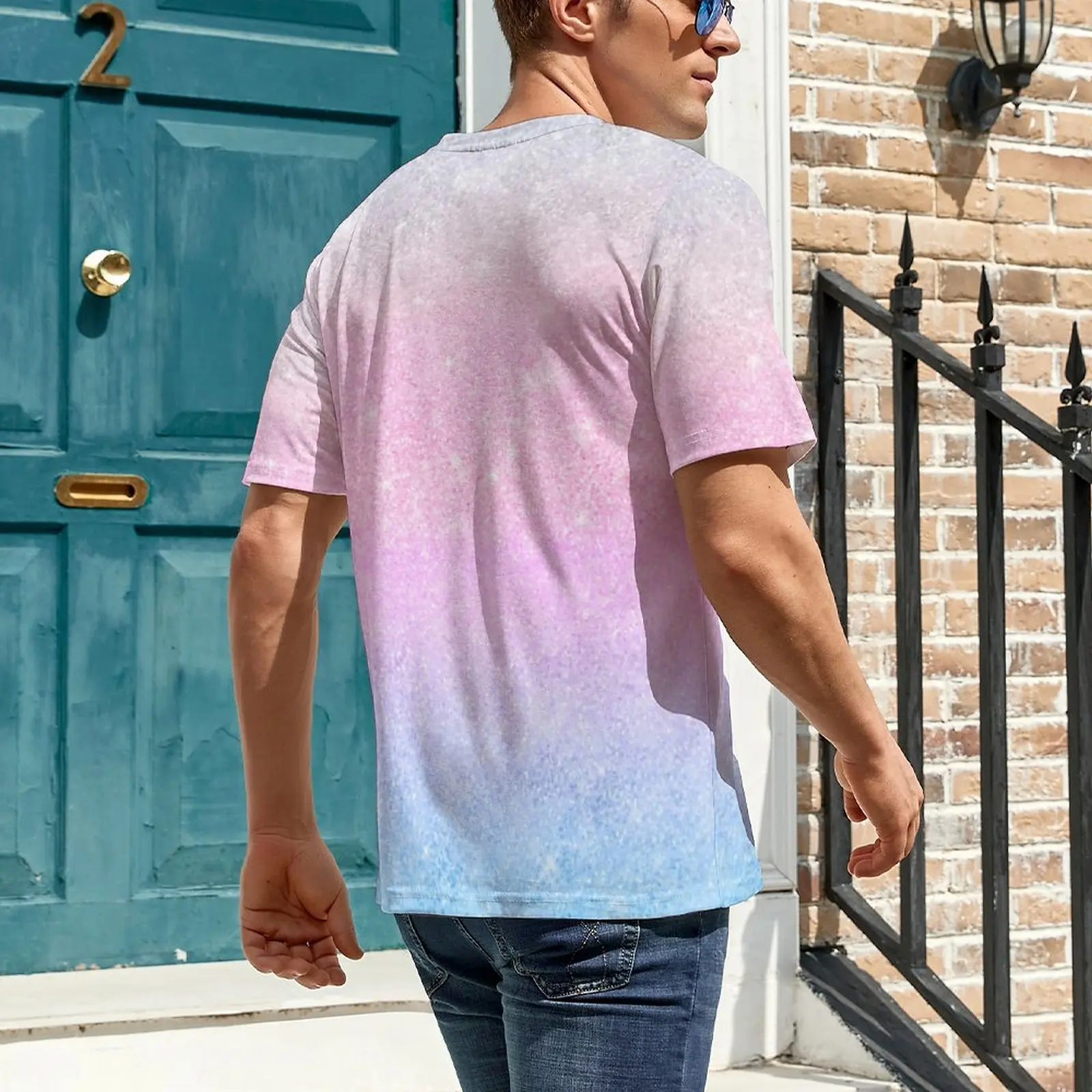 Elegant Blue Pink Ombre T Shirt Rainbow Glitter Print Novelty T-Shirts Mens Funny Tee Shirt Summer Short Sleeve Tees Large Size