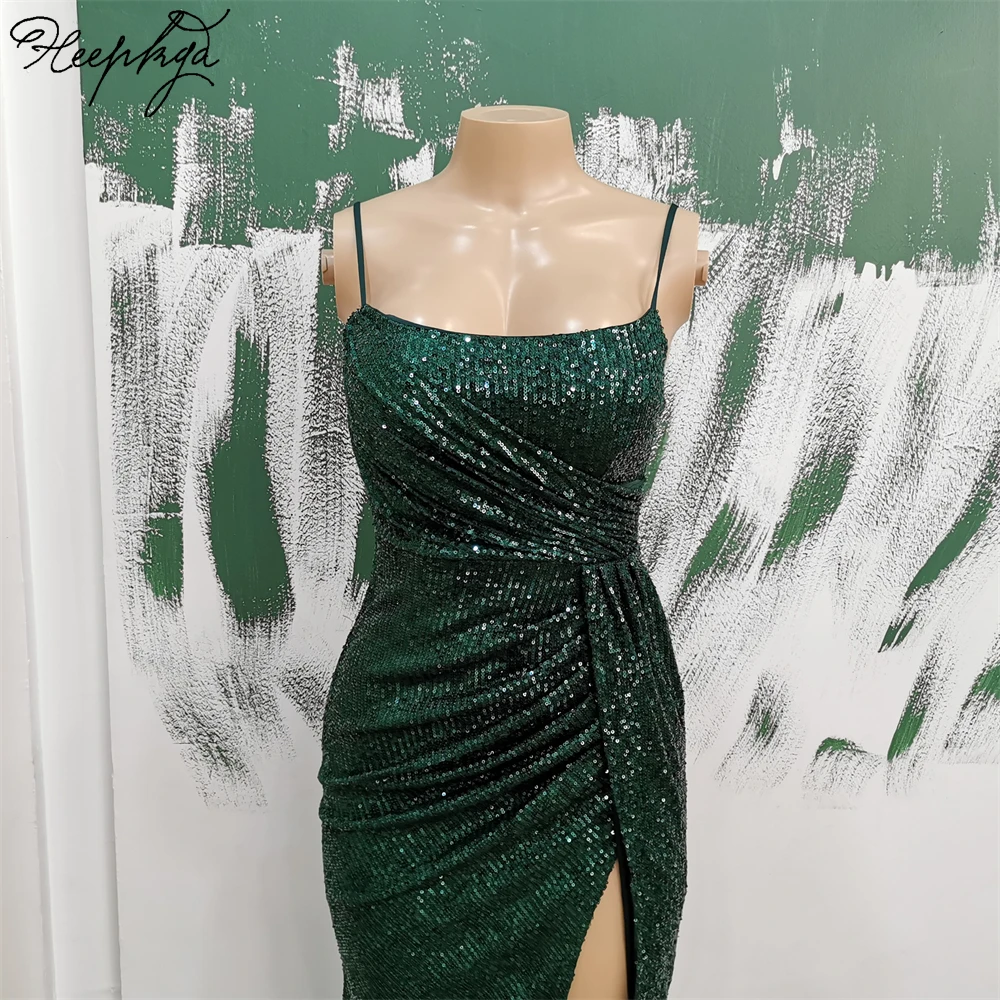 Dark Green Long 2024 Formal Evening Dress High Split Strapless Stretched Sequin Mermaid Wedding Party Gowns Dropshipping