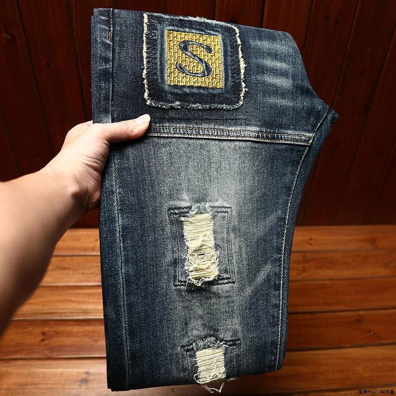 Jeans rasgado personalizado masculino, calça reta amarrada no tornozelo, roupa da moda, todos os fósforos, raspagem elástica B, novo, 2023