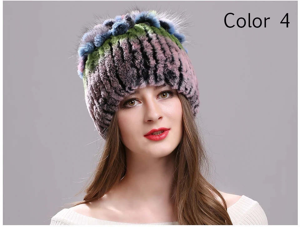 Strickmütze für Damen, 100 % echte Rex-Kaninchenfellmütze mit Blumen, Oberteile, warme, hochwertige Beanie-Damenmütze aus echtem Pelz für den Winter – Detail 15