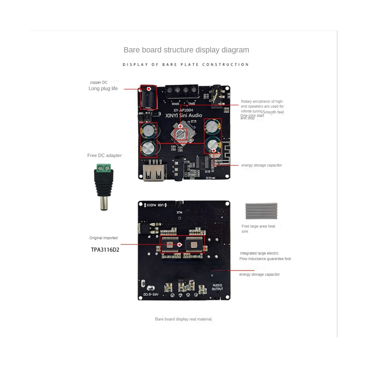 A57G-XY-AP100H 100Wx2 BT5.0 Плата цифрового усилителя TPA3116D2 100 Вт + 100 Вт Левый и правый двухканальный стерео аудиомодуль HIFI 2.0