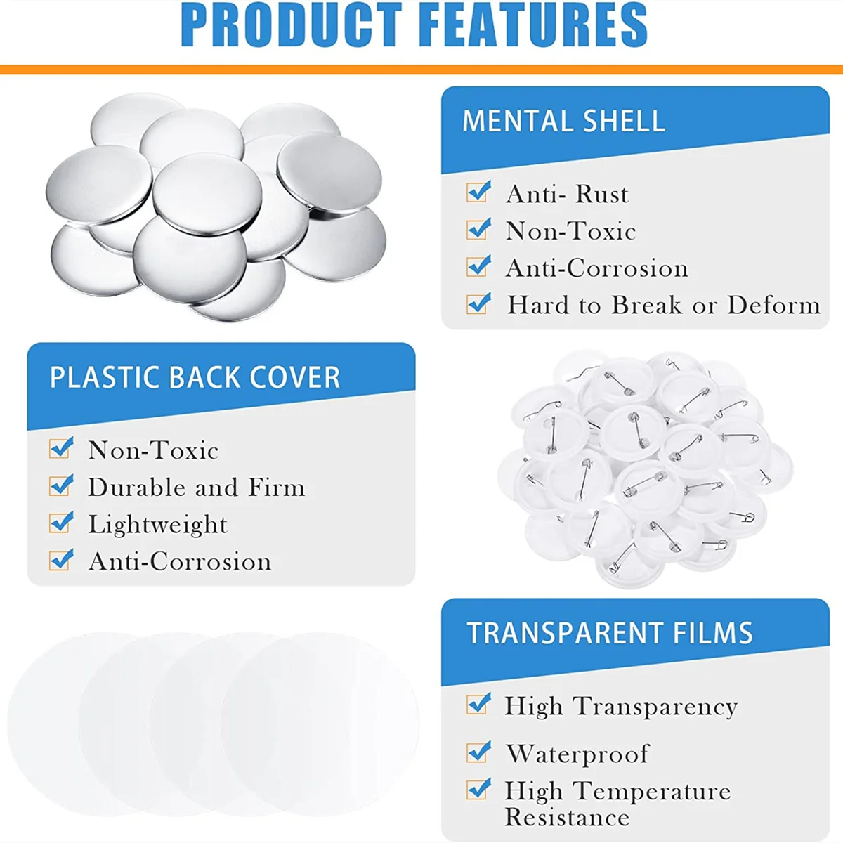 أجزاء صانع زر شارة فارغة ، 25/32/37/44/50/56/58/75 مللي متر لأجزاء مستلزمات آلة صانع الأزرار مجموعة شارات ذاتية الصنع 100/200 قطعة