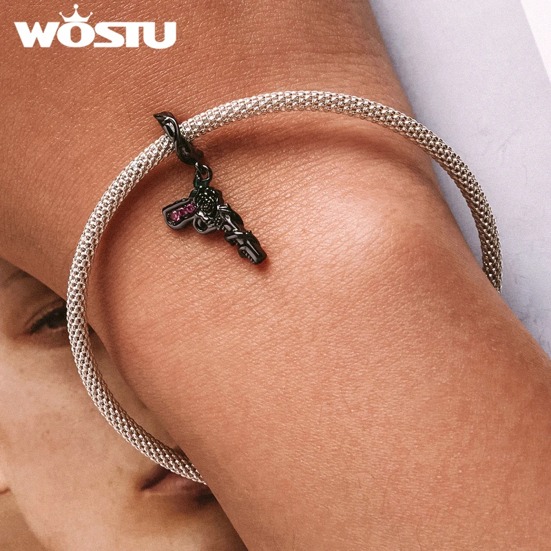 WOSTU 925 Sterling Silver Black Gold Rose Pistol Vintage Pendant Butterfly Charms For Women Fit Bracelet Necklace Jewelry Making