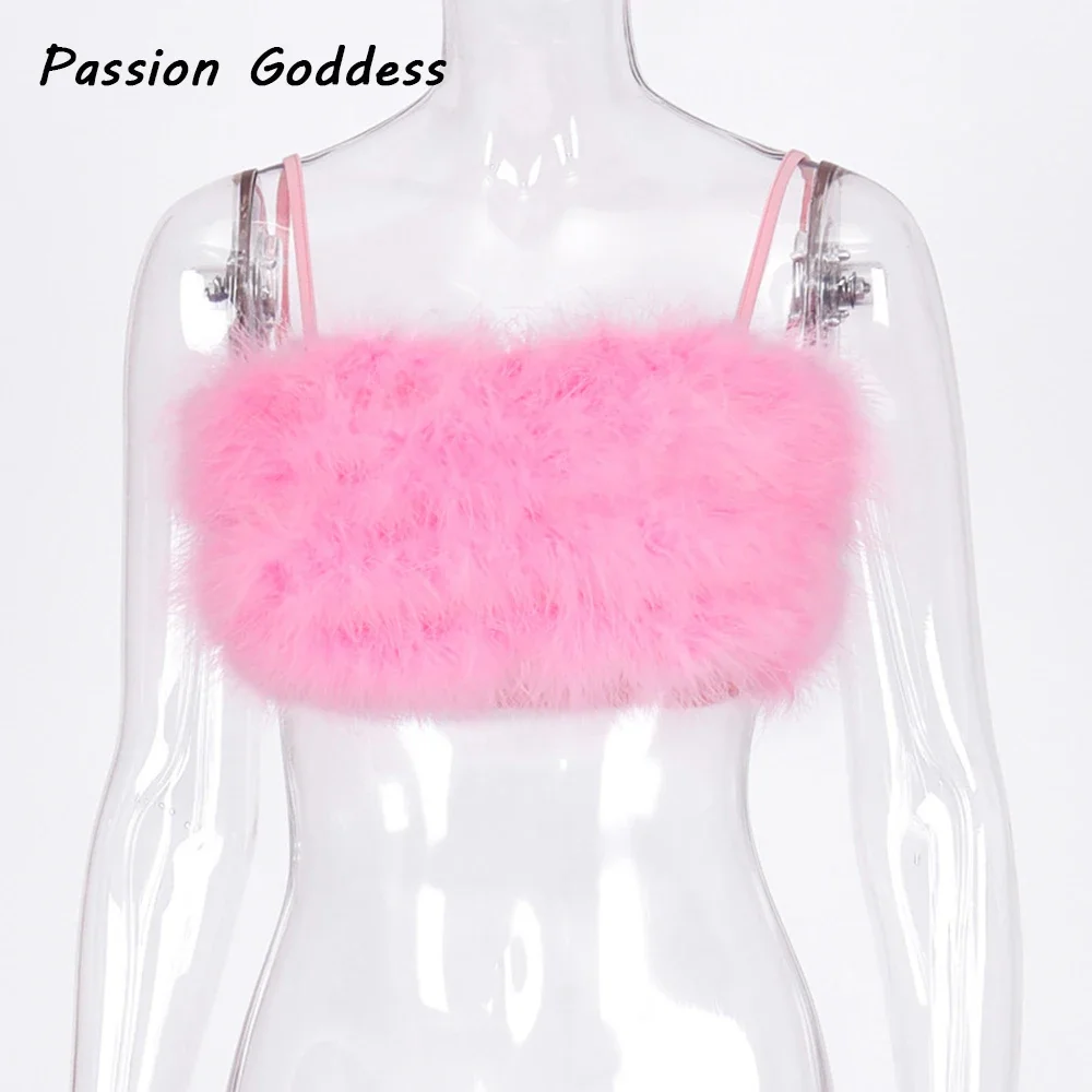 Sexy Women Fluffy Full Fur Pink Camisole Fur Sling Fuzzy Top Sleeveless Kawaii Camis Spaghetti Strap Feather Bralette Camisole