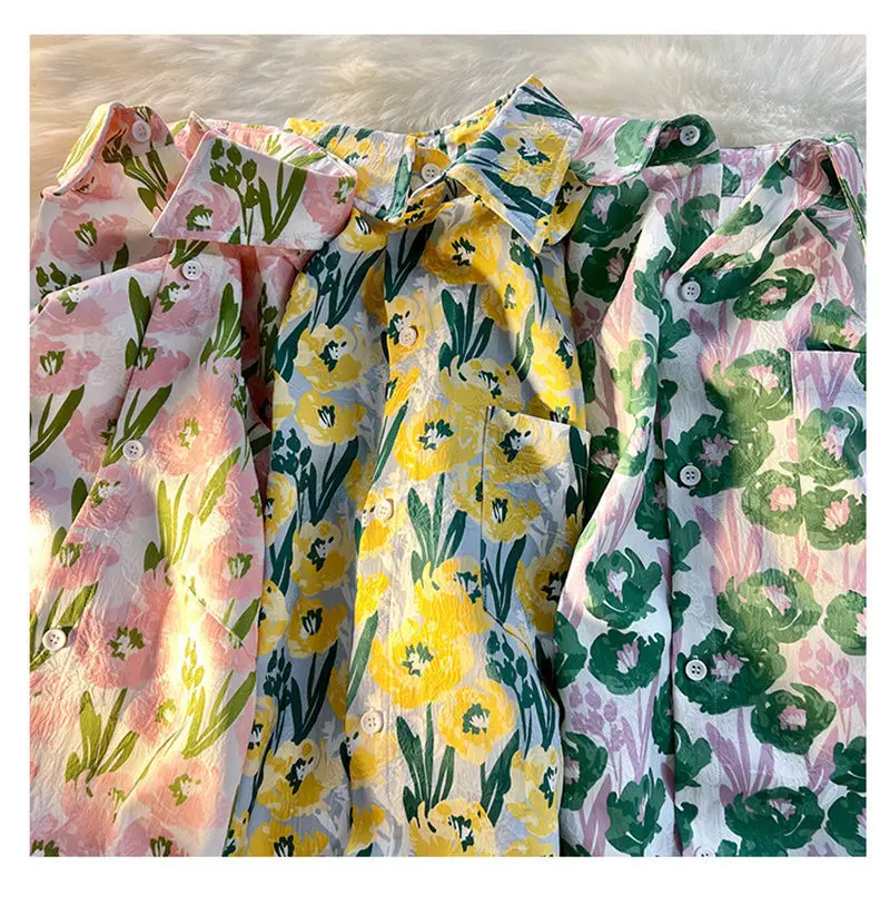 Camisa Vintage con estampado de flores para mujer, blusa informal de manga corta con botones, ropa de calle Harajuku para verano