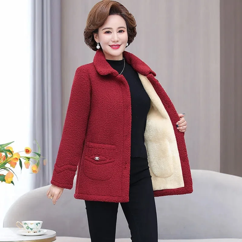 Mid-Elderly Women's Clothing Thick Imitation Lamb Fur Coat Mother's Jackets Autumn Winter Coat Granular Cashmere Short Outerwear