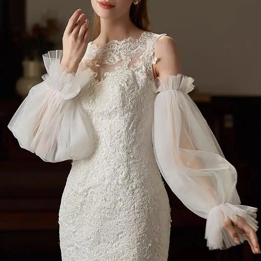 Guantes de encaje elegantes para mujer, largos, grandes, con puño elástico de tul desmontable, guantes tipo linterna para fiesta nupcial y boda