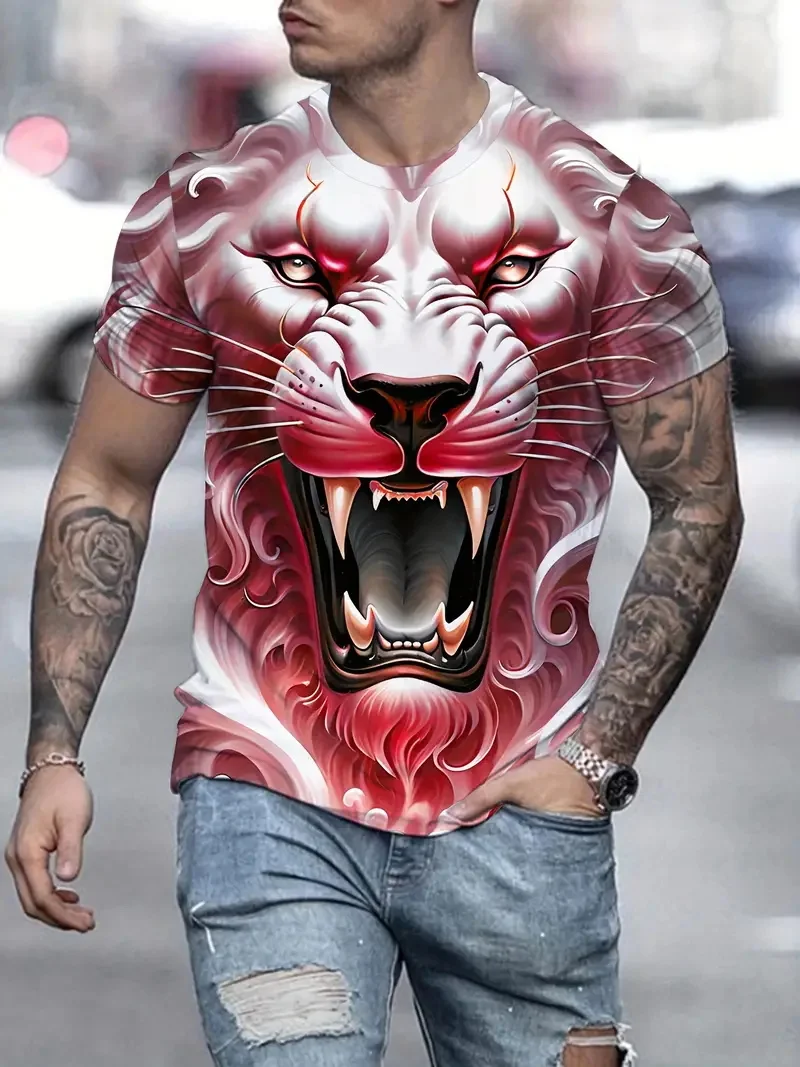 3D Plus Size Men\'s Lion Print T-shirt Summer Short Sleeve Crew Neck Tees Shirts For Men New In Animal Lion Graphic Tshirts Tops
