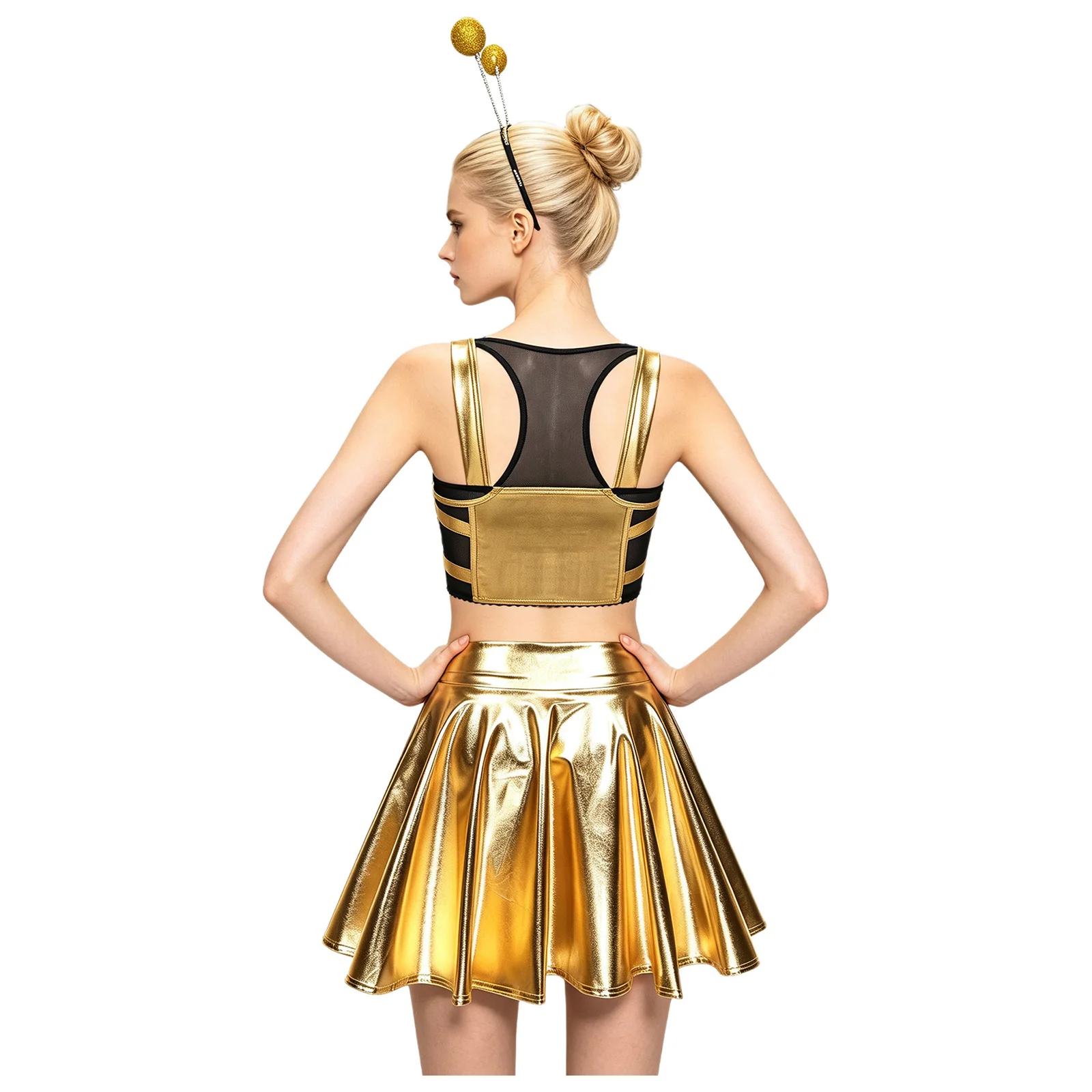 Women Alien Costume Metallic Shiny Clubwear Crop Vest Top with Skirt Headband Robot Space Cadet Galaxy Warrior Cosplay Clothes