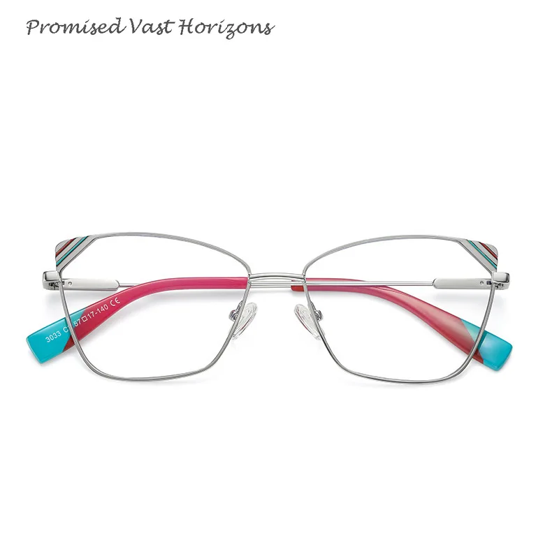 Lunettes Plano pour femmes, Design de ligne de couleur brillante, monture d'oreille de chat, charnière à ressort, lentille de myopie disponible, lunettes Anti-lumière bleue