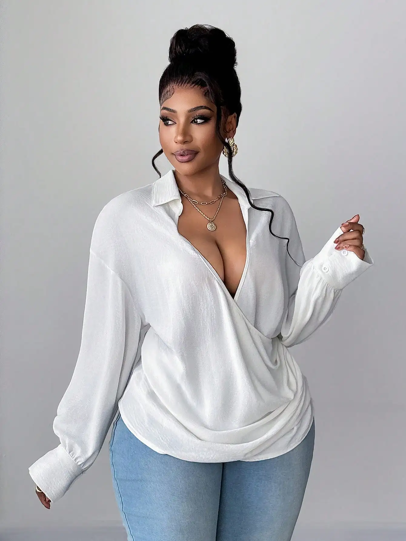 

Plus Size Long Sleeve Wrap Front Blouse - Loose Fit, Satin-Like Fabric, Office to Evening Wear