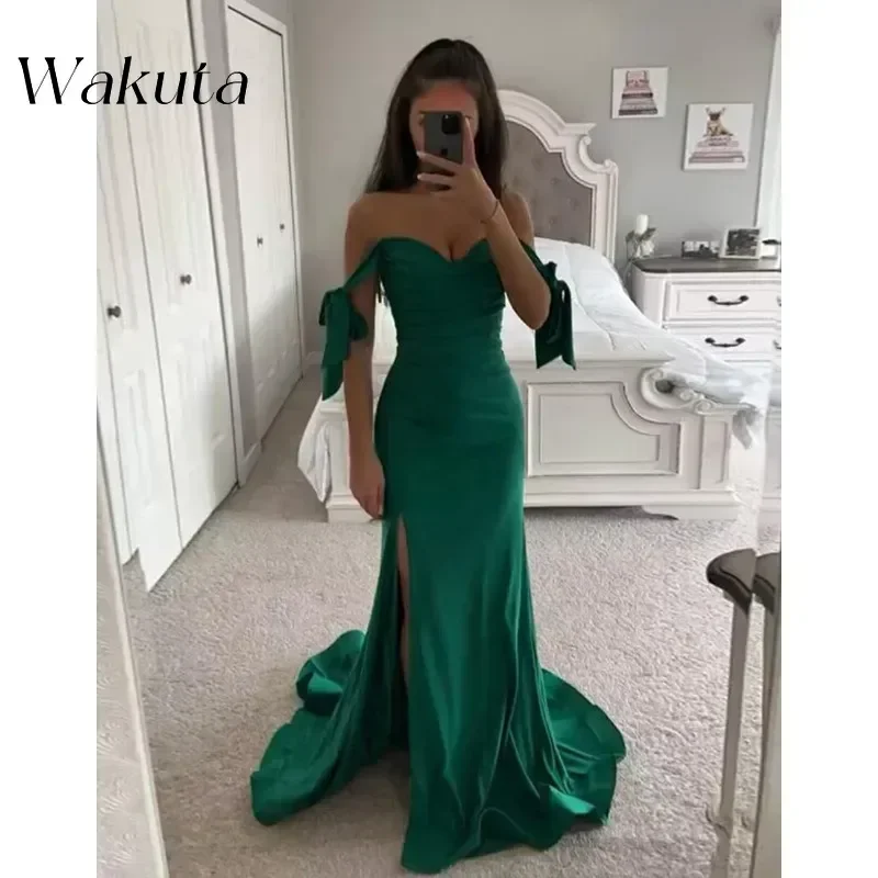 Wakuta Fashion Off spalla abiti da damigella d'onore in raso con spacco increspato sirena Prom Robe corsetto festa formale Vestidos De Fiesta