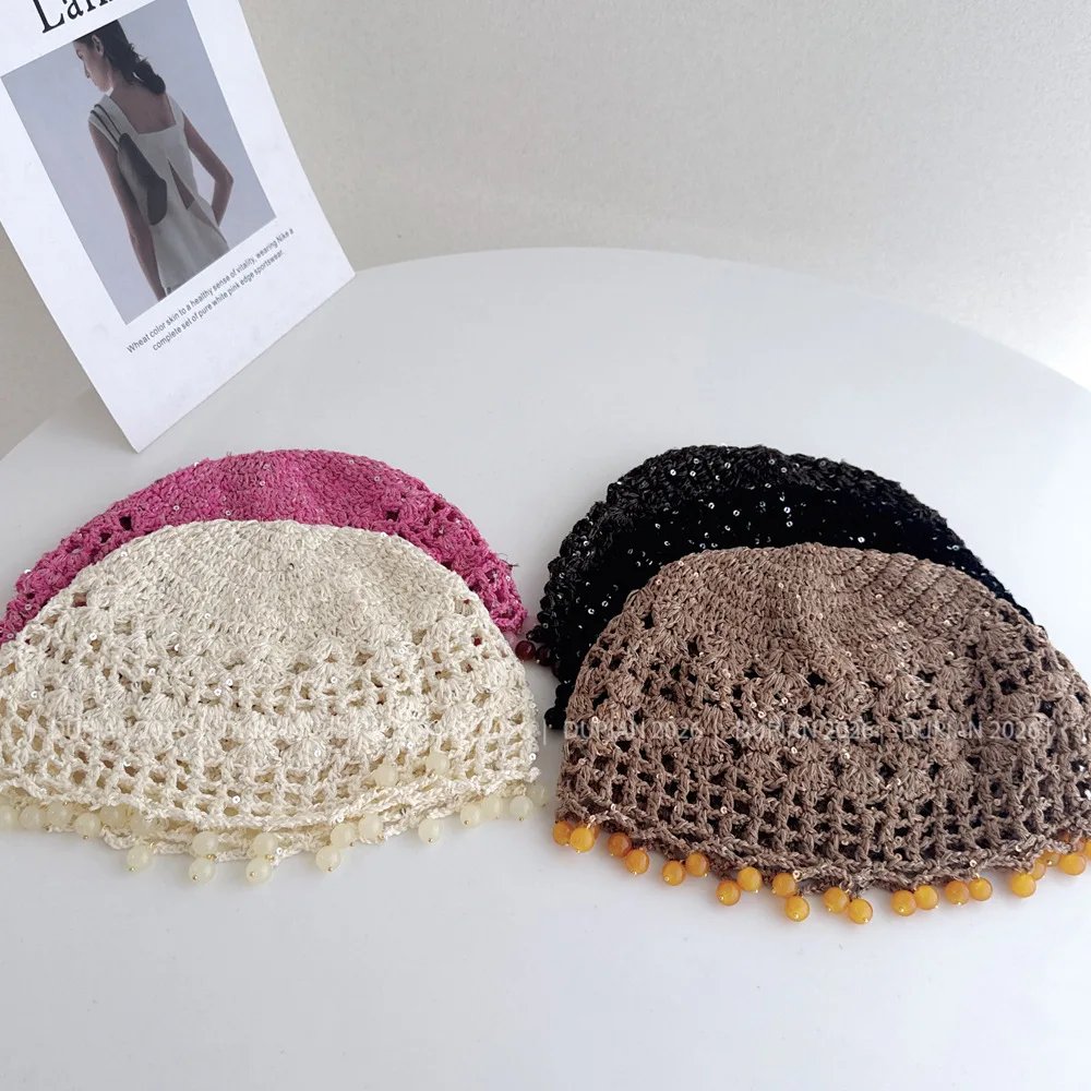 Retro Handmade Hollow Out Knitted Hat Women Summer Breathable Beanie with Beads Sequins Tassel Niche Stylish Head Wrap Cap