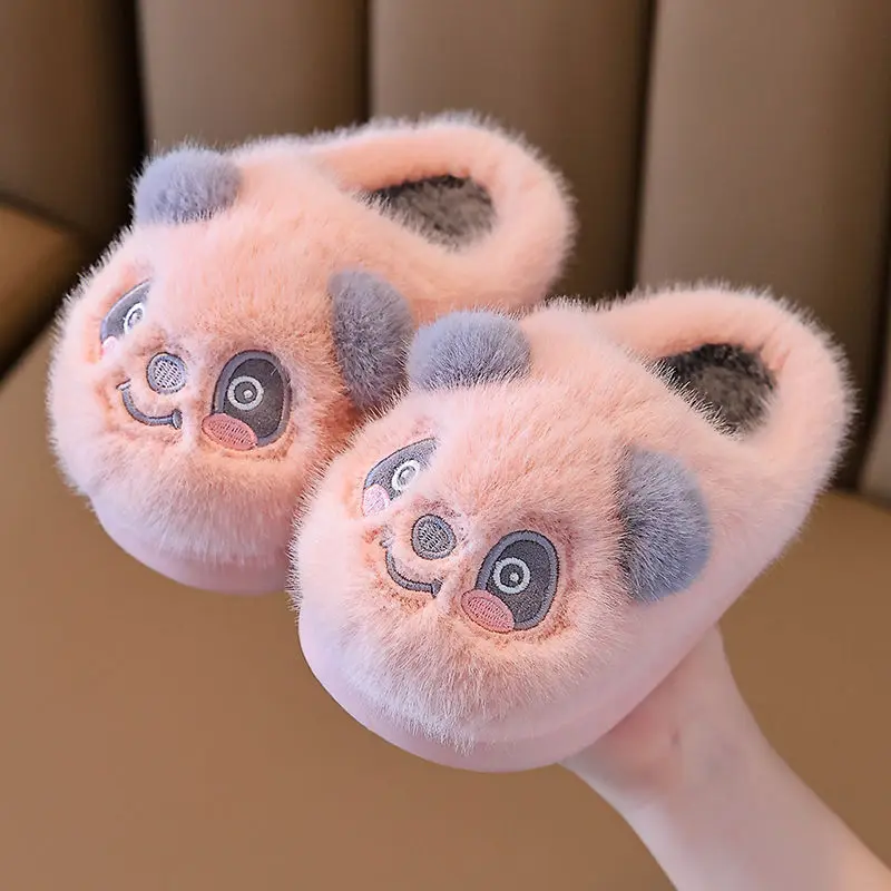 Kids'Slippers Plush Cartoon Fluffy Suede Winter Shoes For Children Anti-slip Thick Bottom Home Slipper White Pink Size 24-41