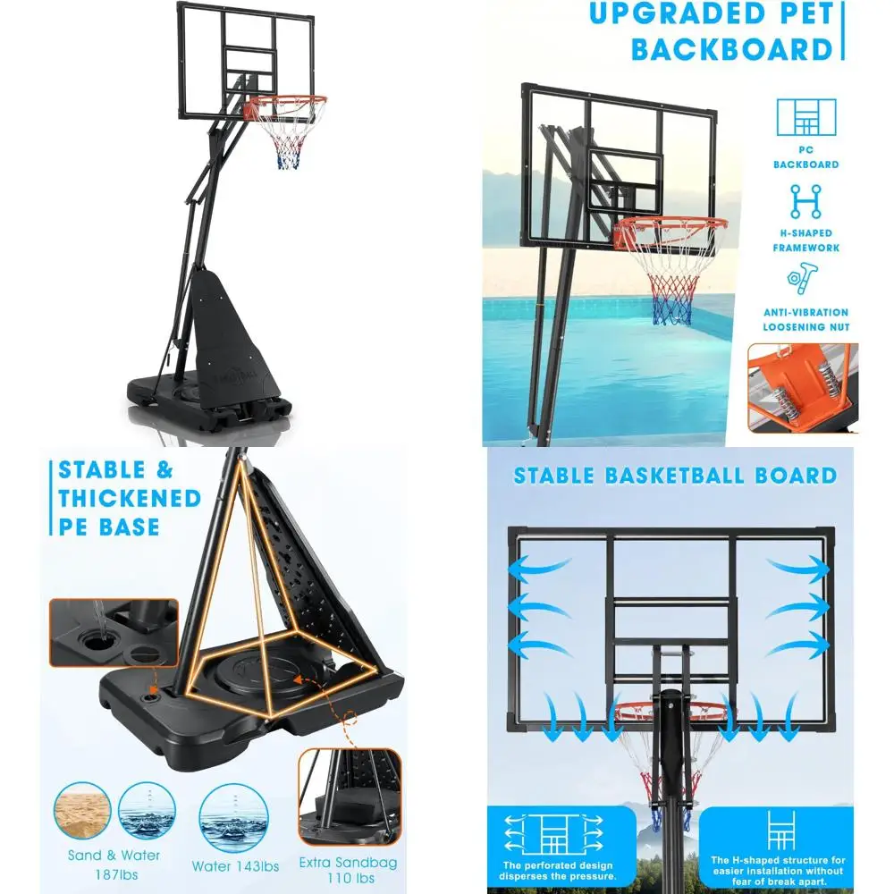 調節可能な6.9フィート～10フィートのポータブルバスケットボールフープ、子供と大人向け、屋外と屋内でのプレイに適しており、耐久性のあるPEバックボード付き