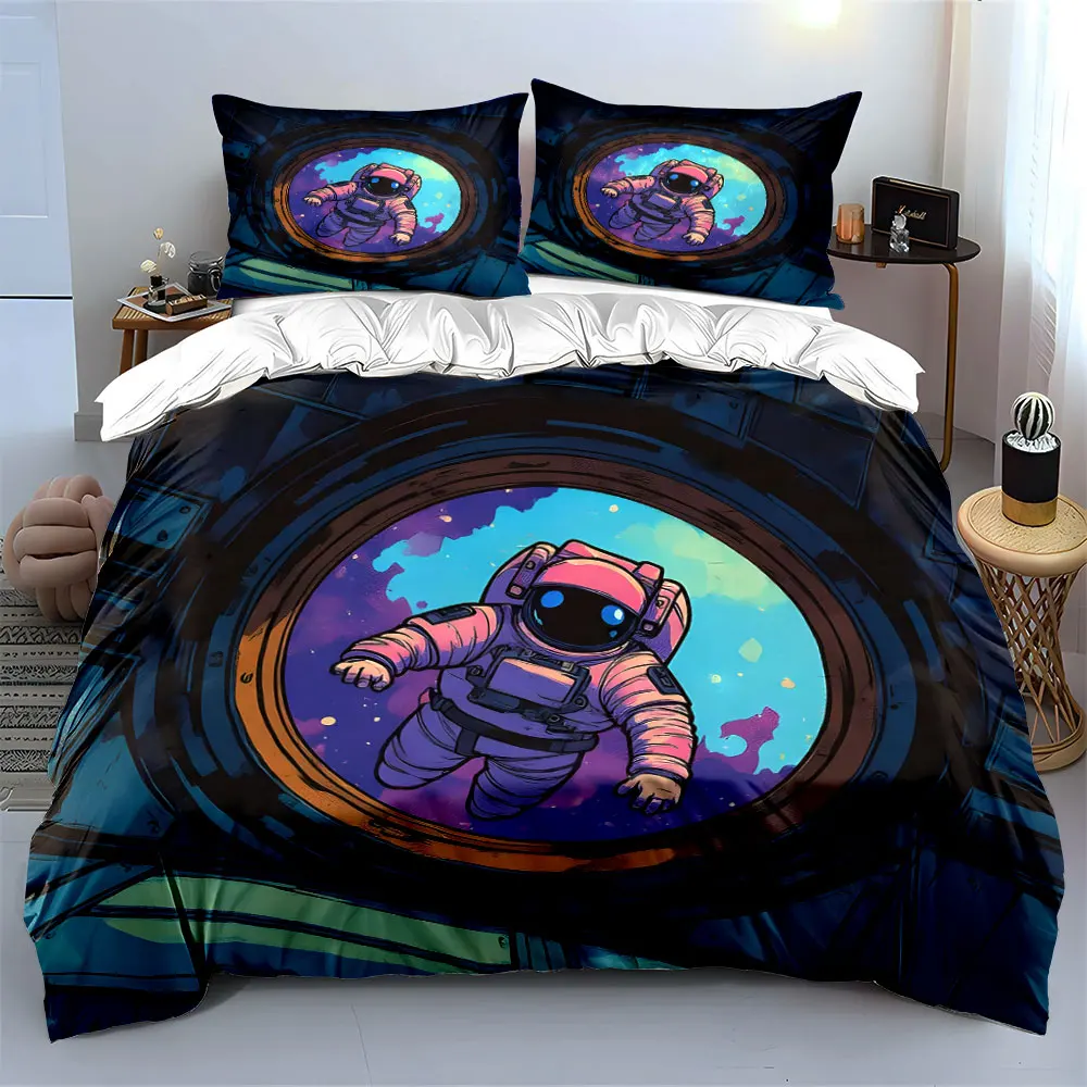Pink astronaut floating outside spacecraft Duvet Cover Set with 3D Printing Design Soft Polyester Bedding Set All-Season Comfort