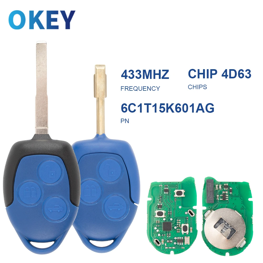 Okey Remote Car Key 3 Button 4D63 Chip 433Mhz For Ford Transit WM VM 2006-2014 P/N: 6C1T15K601AG With Blue/Black Blade