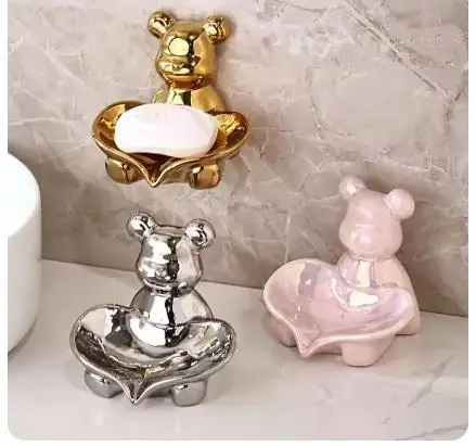 

Cute Animal Shape Ceramic Soap Dish Holder Home Bathroom Solid Color Draining Soap Box Shelves Storage Rack Bathroom Accessories