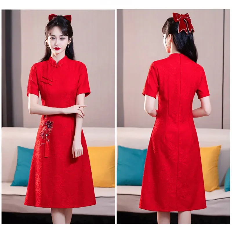 Plus Size 3XL 4XL 2024 New Modern Improved Lace Cheongsam Chinese Style Red Embroidered Qipao Dinner Party Dress