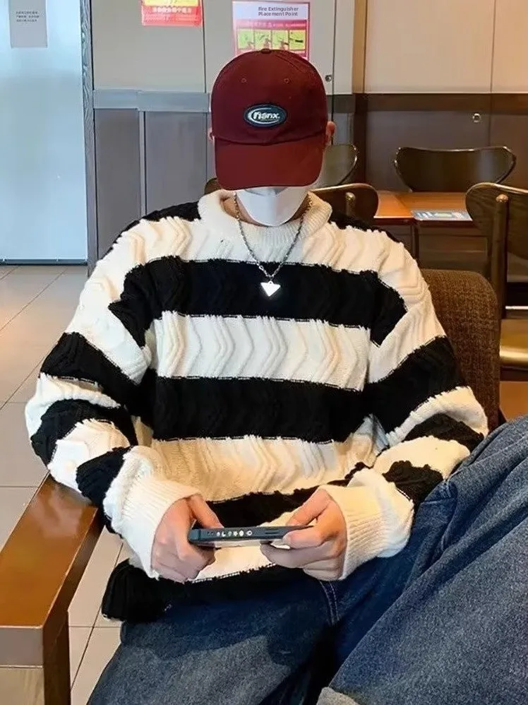 

Men's Thiened Loose Striped Knitwear Autumn Winter Casual Sle Comfortable Long Sve round Ne Sweater Trendy Brand