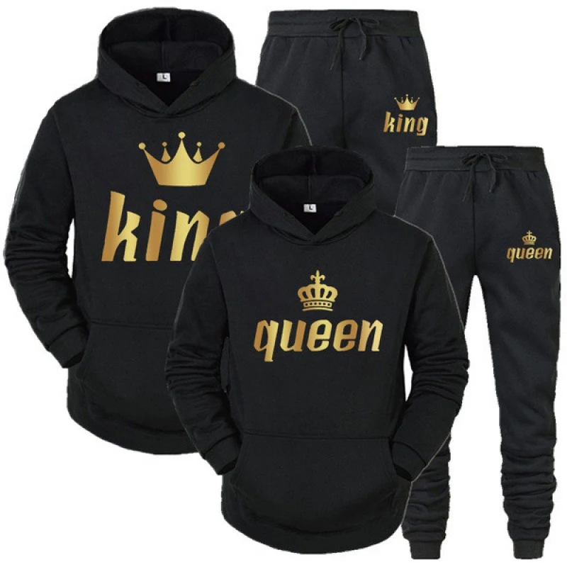 King Queen Print Autumn/Winter originality Casual Hoodies Male Casual Sweater Set Long Sweatshirts Sleeve Men Tracksuit Clothing