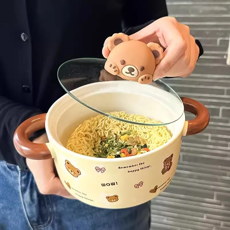 Kawaii Bear Jumbo Ramen Bowl With Lid Kitchen Tableware Cute Japanese Ceramics Instant Noodles Fruit Salad Soup Bowl Gift 750ml