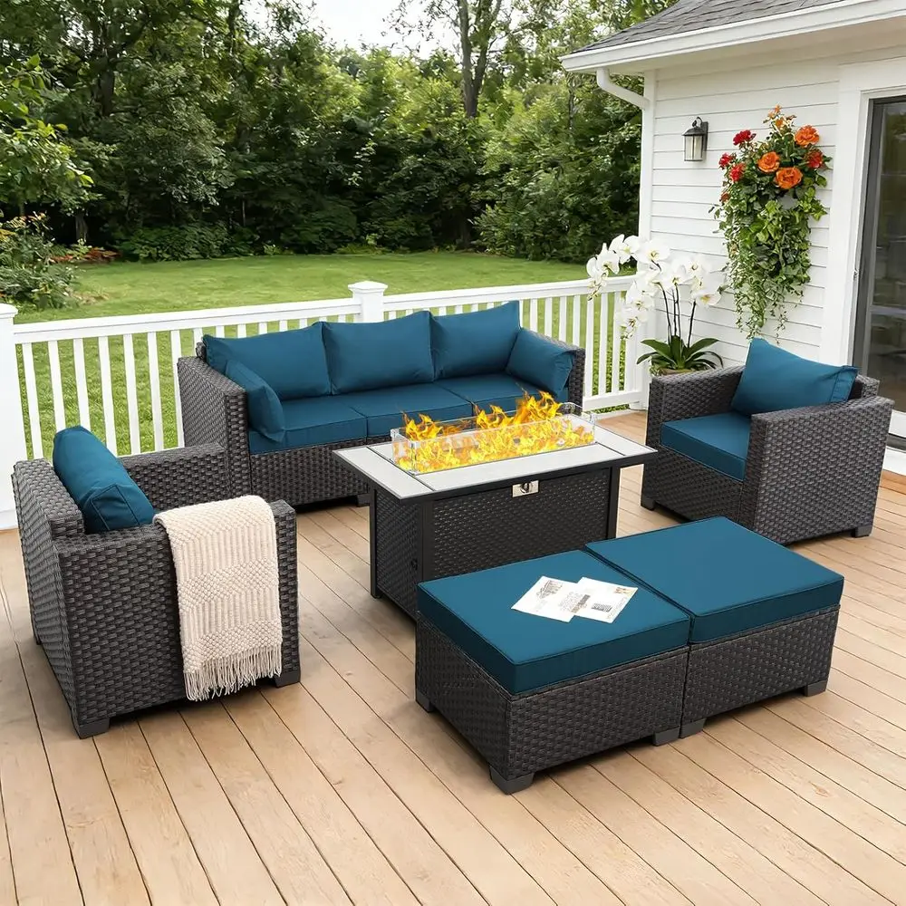 

6-Piece Outdoor Patio Furniture Set with 45 Propane Fire Pit, Wicker Sofa, Non-Slip Cushions, Waterproof Covers, Peacock Blue
