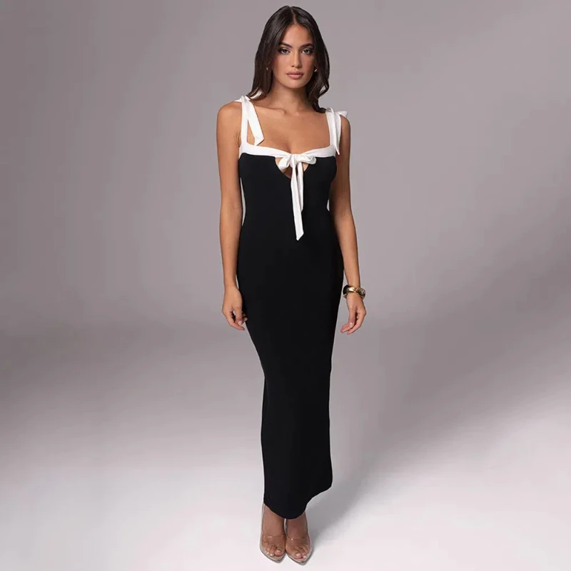 Spring and Autumn New Camisole Dress with Lace Up Front and Back, Elegant Dress, Slim Fit Long Skirt for Women 222