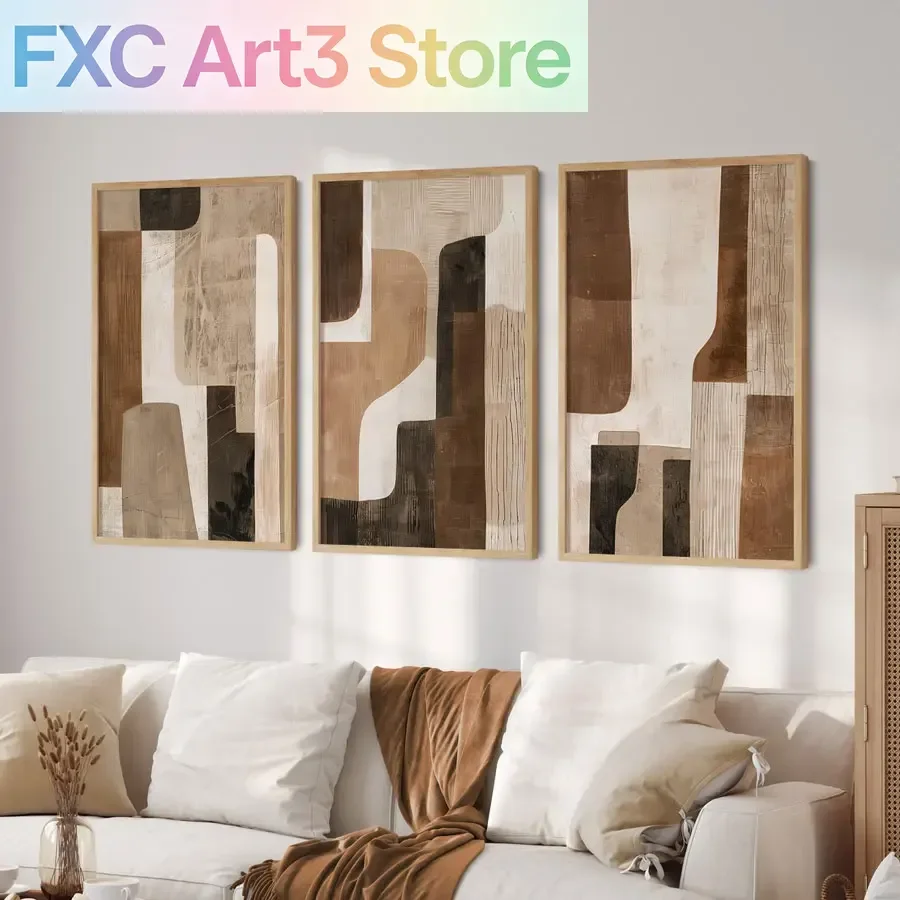 3pcs/Set frameless  Brown and Beige Neutral Abstract Wall Art Prints, Large Abstract Art Canvas Posters, Bohemian Modern Wall De