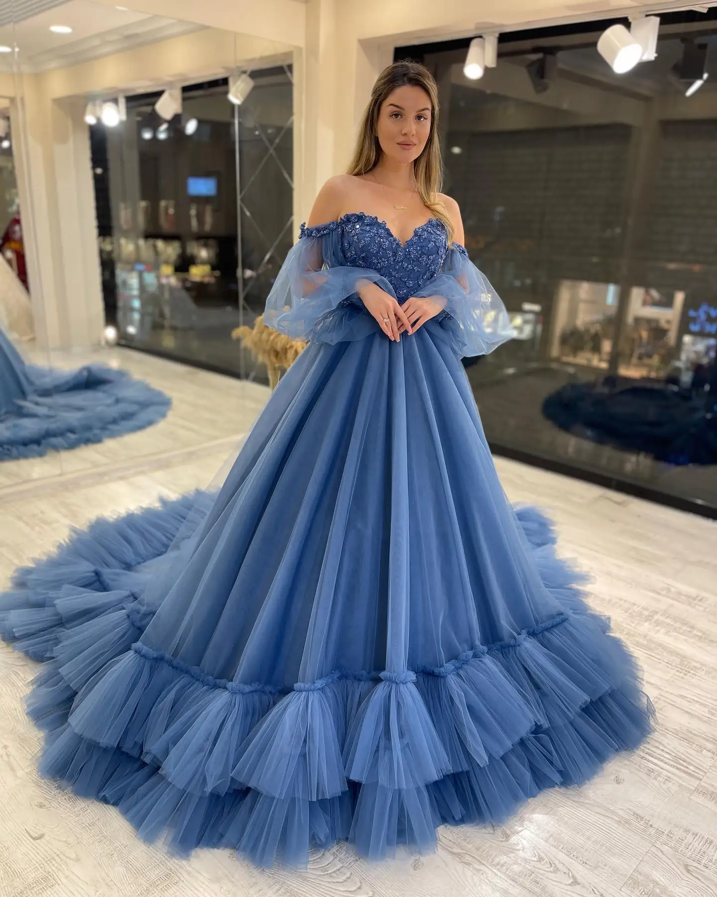 Booma Blue Ball Gowns Evening Dresses Sweetheart Appliques Ruched Prom Dress Puff Sleeves Long Wedding Party Dresses for Women