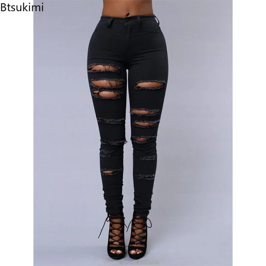 2024 Women\'s Stretch Skinny Ripped Hole Washed Denim Jeans Female High Waist Pencil Y2k Pants Jeans Ladies Casual Trousers Pants