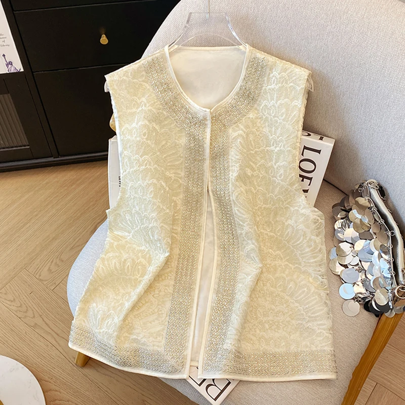 

Новая китайская вышитая элегантная летняя женская майка-топ из плотной ткани с круглым вырезом, без рукавов