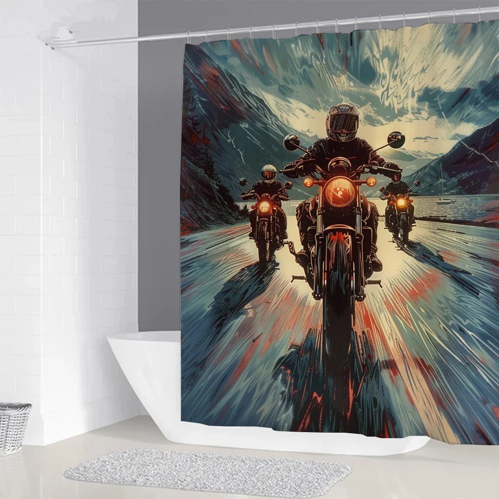 Motorcycle Journey Shower Curtain for Bathroom Sets Full Set Folding Partition Curtains Accessories Bath Bedrooms Houses Rooms