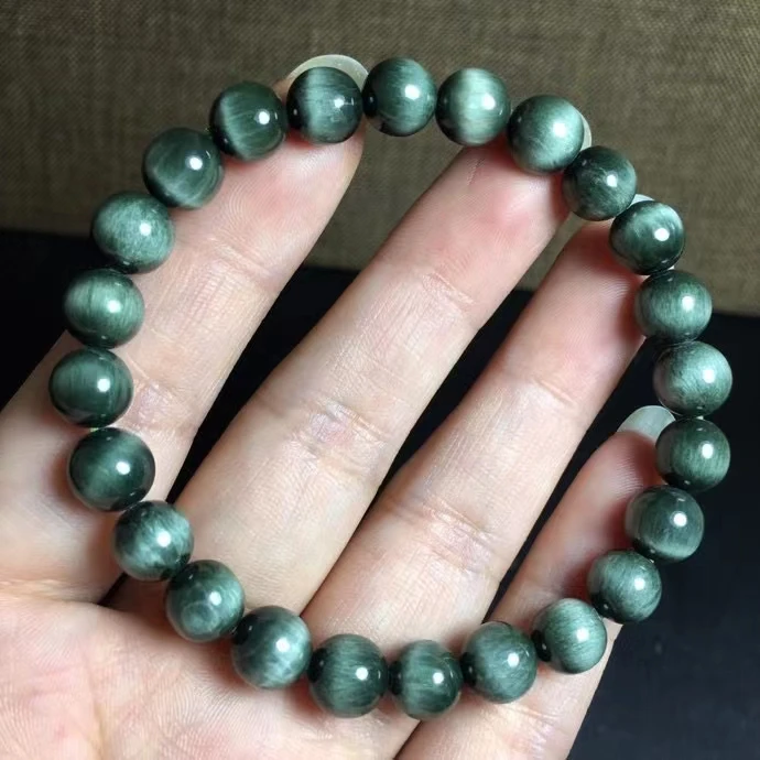 

Natural Green Rutilated Quartz Bracelet Women Men Jewelry 7.6mm Gemstone Cat Eye Stretch Crystal Round Beads AAAAA