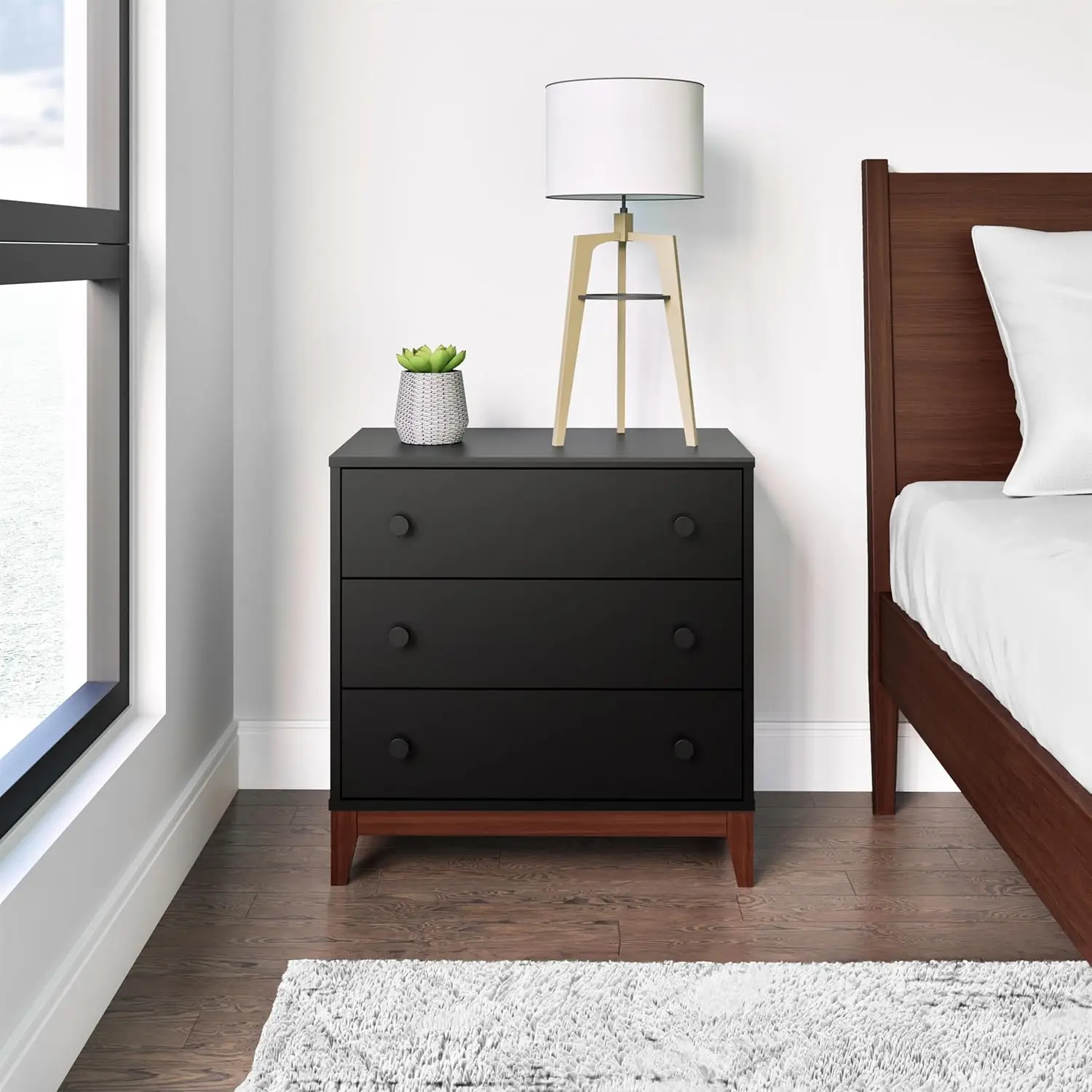 Prefabricated Nordik bedside table, bedroom bedside table with 3 drawers 16 inches deep x 26.5 inches wide x 26.75 inches high