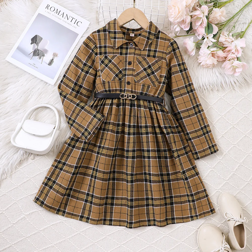 Kids Shirt Dress for Girls Clothes 2024 New Spring Autumn Chidlren Casual Plaid Long Sleeve Princess Dress with Belt 5-14Y