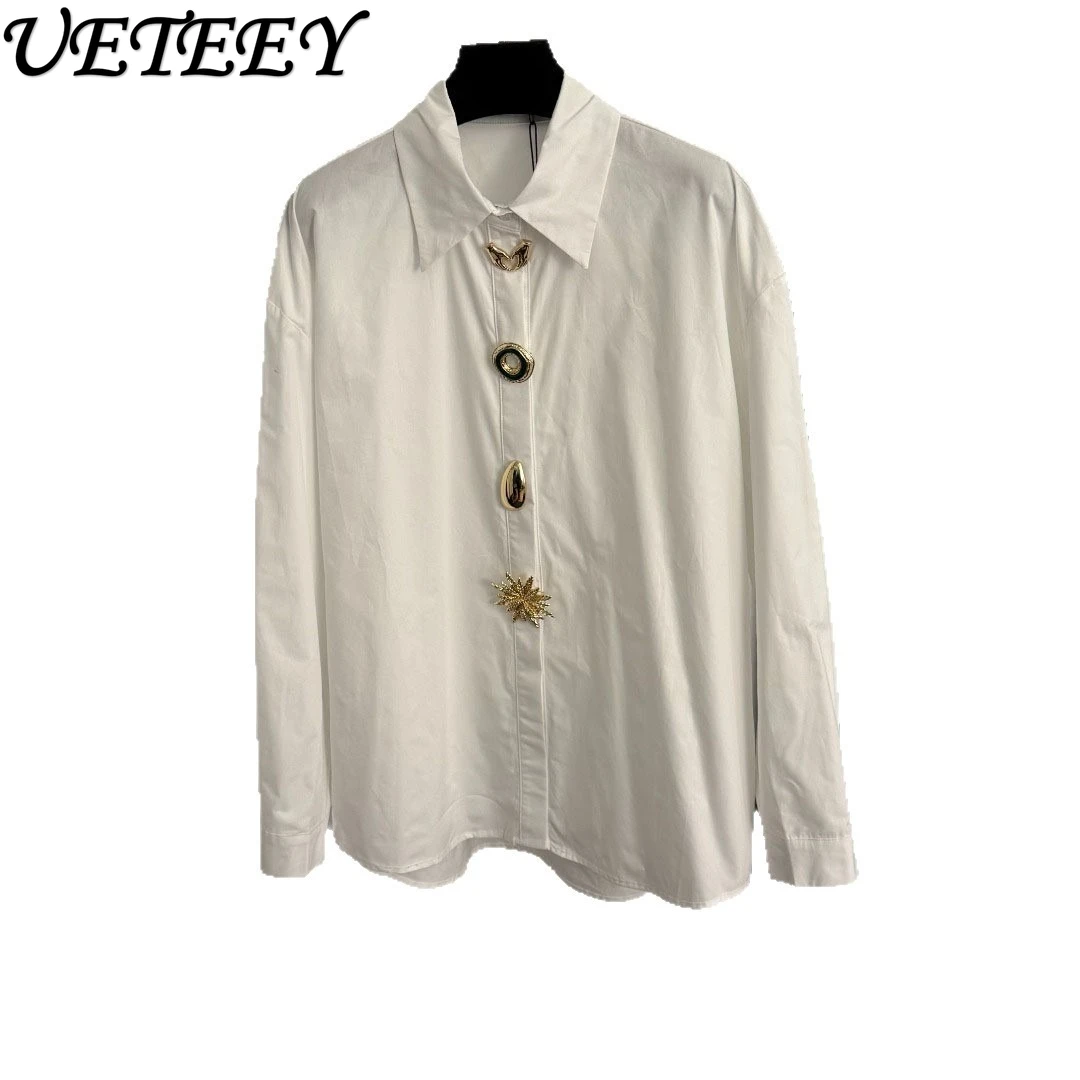 

Summer New Premium Sculpted Design Unique Metal Button Shirt Elegant Women's Long-sleeve Blouse Pure White Cotton Shirts Camisas