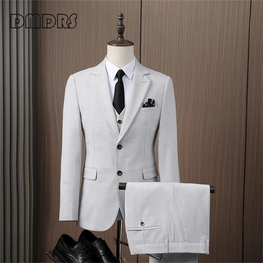 

Grey Plaid Slim Fitting Formal Suit Set for Men Notched Lapel Blazer Single Breasted Plus Size Wedding Tuxedo for Groom