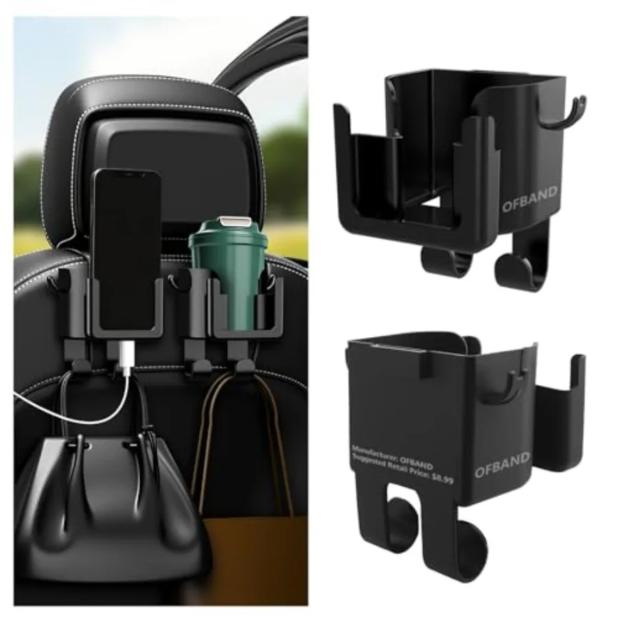 

2PCS Multifunctional Car Cup Holder + Car Phone Holder + Car Purse Hook, Hanging Back Seat Car Organizer with Headrest Hooks, U
