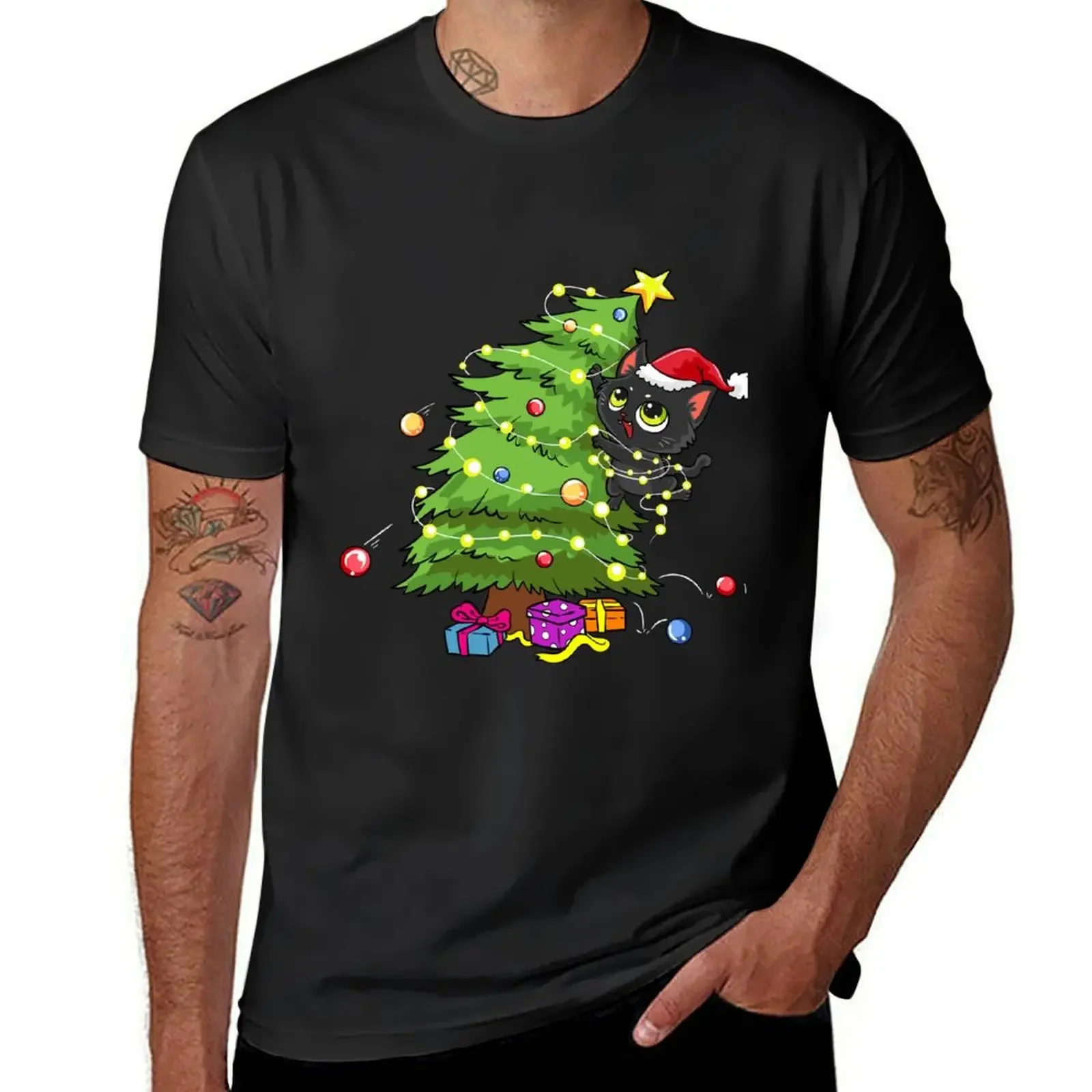 

Santa Black Cat Tangled Up In Christmas Tree Lights Holiday T-Shirt oversized graphic tee anime t shirts mens workout shirts