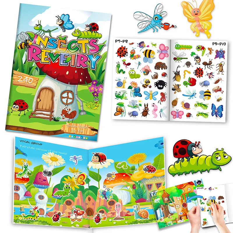 Insect Themed Sticker Book Children\'s Enlightenment Recognition Quiet Book Focus Training Self-adhesive Puzzle Toy Book