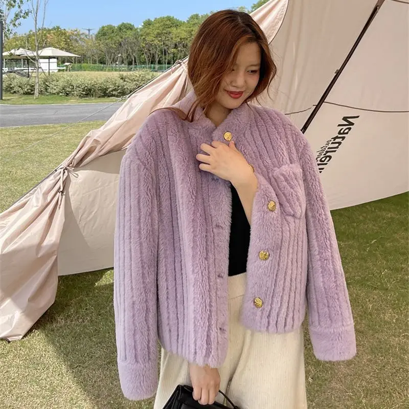 2023 New Fleece Full Pelt Wool Stand Collar Double Faced Fur coat for Women Short Lamb Hair female Real Fur Coat Y4285