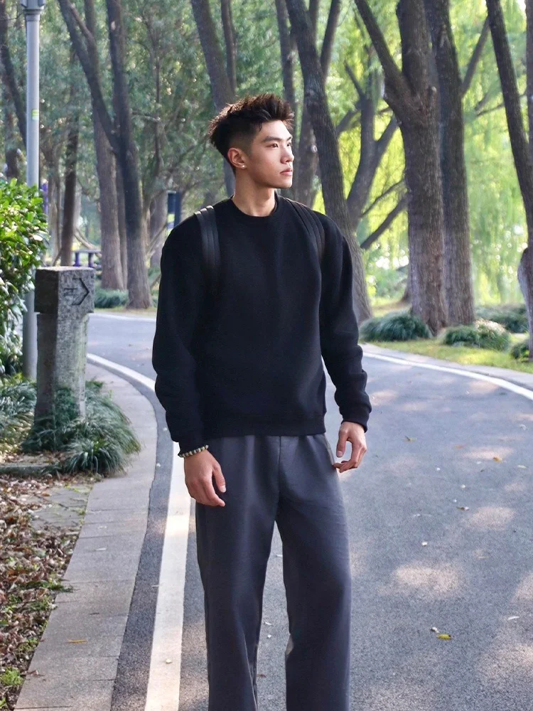 

Мужской свитшот Cleanfit Pure Black с круглым вырезом, весенне-осенний, американского стиля, базовый слой, с маленьким воротником, без капюшона