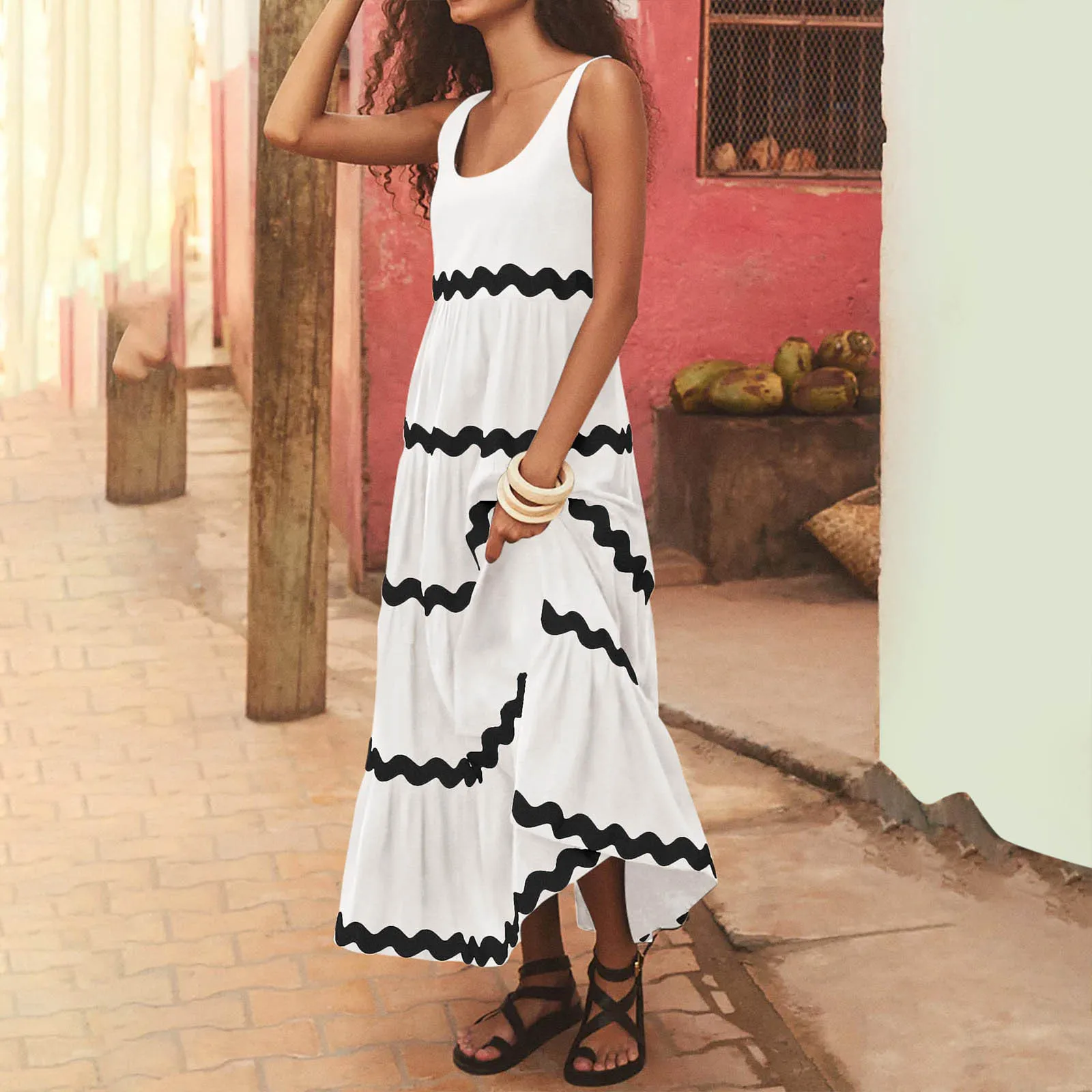 

Elegant Woman Fashionable White Black Loose Fitting Dress For Women's Casual Sleeveless U-neck Striped Large Hem Dress Vestidos