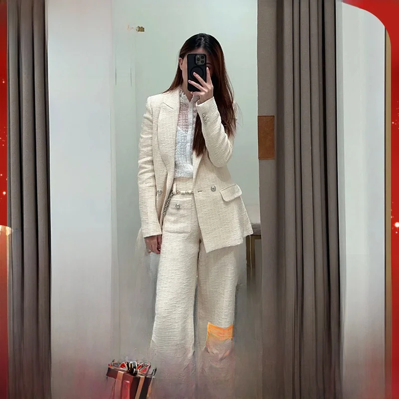 

MaSandeM White Tweed Suit Jaet High Waist Wide Leg Autumn New Arrival Faionable Women's Set High Quali Ladies' Clothing