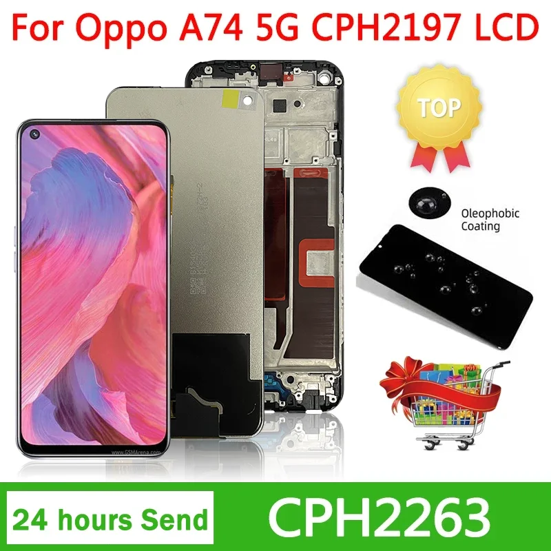 

6.5'' Original For OPPO A74 5G LCD Display With Frame Touch Screen Digitizer Assembly CPH2197 CPH2263 Display Replacement