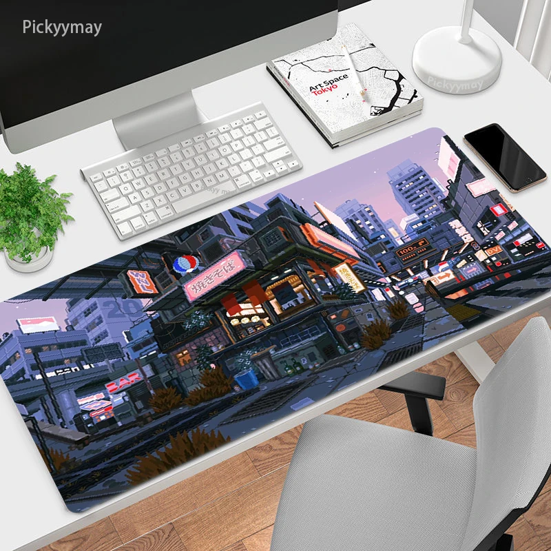 100x50 Japan Street Large Mousepad Pixel Art Mausepad RubberPc Mouse Pad Office Big Carpet Desk Mat Locking Edge Deskpads