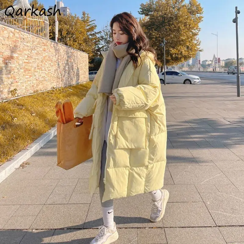 

Chic Solid Hooded Long Parkas Women Fashion Simple Loose Leisure Warm All-match Winter Puffer Coats Girls Young Big Pockets Ins